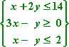 x + 2y <= 14, 3x - y >= 0, x - y <= 2