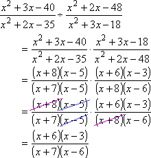 [(x^2+3x-40)/(x^2+2x-35)] ÷ [(x^2+2x-48)/(x^2+3x-18)] = [(x^2+3x-40)/(x^2+2x-35)] × [(x^2+3x-18)/(x^2+2x-48)] = [(x+8)(x-5)(x+6)(x-3)/(x+7)(x-5)(x+8)(x-6)] = [(x+6)(x-3)]/[(x+7)(x-6)]