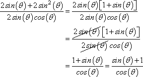 [2sin(theta) * (1 + sin(theta))] / [2sin(theta)cos(theta)] = [1 + sin(theta)] / cos(theta)