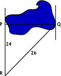 pond; P on left, Q on right, PQ horizontal; R below; PR vertical, |PR| = 24; QR diagonal, |QR| = 26